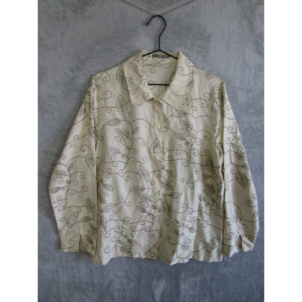 Isabella Bird Silk Floral‎ Embroidered Button Up Shirt Top Beige